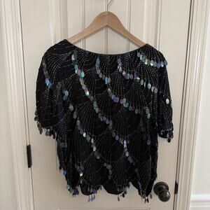Vintage Shomax 100% Silk Irridescent Beaded Sequin Party Top Women’s Size Medium